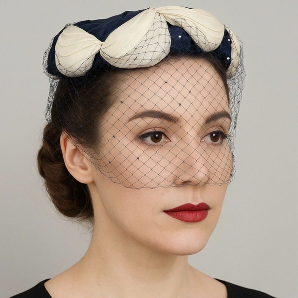 Vintage 1950s Pillbox Hat Navy Straw With White Rose Petals Mesh Veil Rhinestone